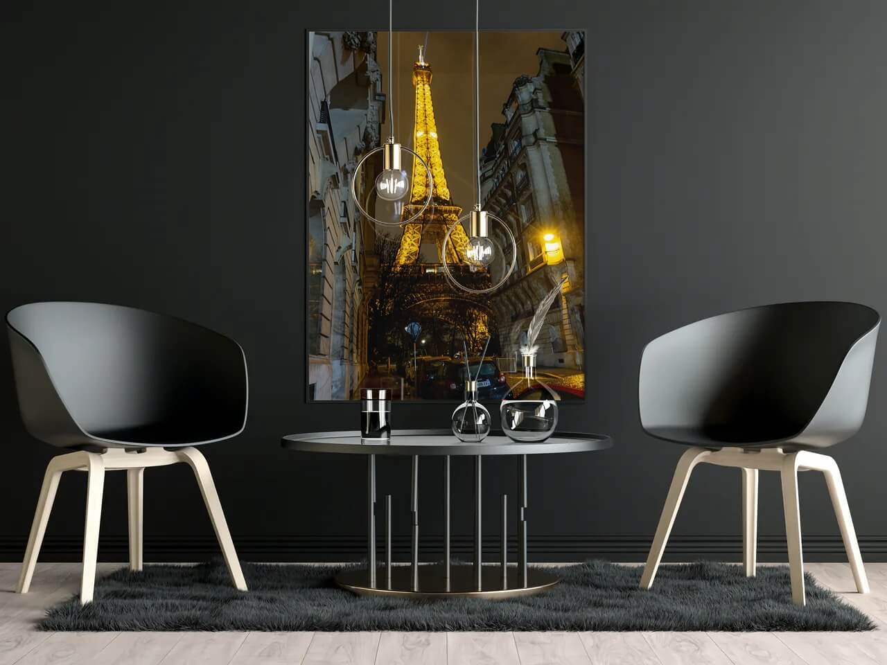  Banner image featuring Eiffel Tower photography on canvas behind a small table and two stylish black chairs 